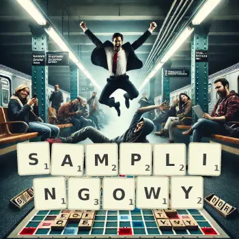 Kreatywna ilustracja do gry w Scrabble ze słowem SAMPLINGOWY ułożonym z płytek na planszy.