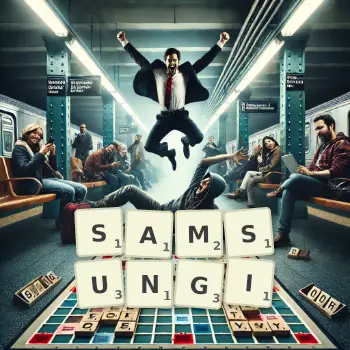 Kreatywna ilustracja do gry w Scrabble ze słowem SAMSUNGI ułożonym z płytek na planszy.