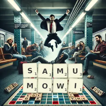Kreatywna ilustracja do gry w Scrabble ze słowem SAMUMOWI ułożonym z płytek na planszy.