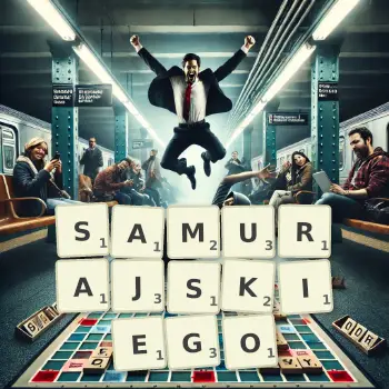 Kreatywna ilustracja do gry w Scrabble ze słowem SAMURAJSKIEGO ułożonym z płytek na planszy.