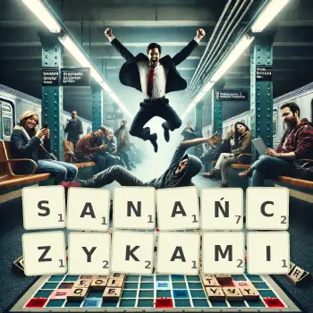 Kreatywna ilustracja do gry w Scrabble ze słowem SANAŃCZYKAMI ułożonym z płytek na planszy.