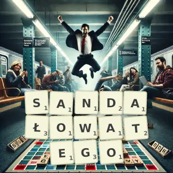 Kreatywna ilustracja do gry w Scrabble ze słowem SANDAŁOWATEGO ułożonym z płytek na planszy.