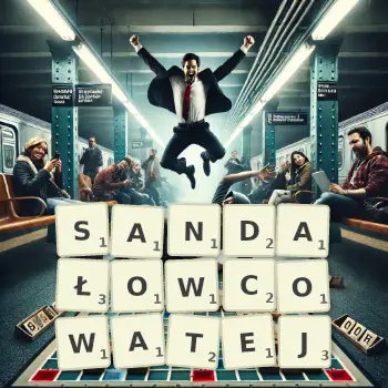 Kreatywna ilustracja do gry w Scrabble ze słowem SANDAŁOWCOWATEJ ułożonym z płytek na planszy.