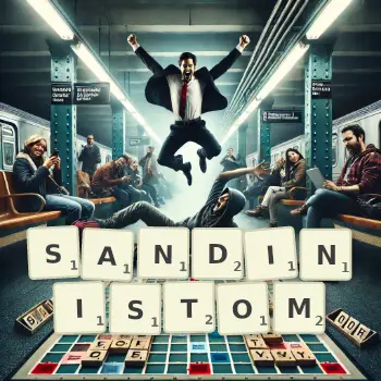 Kreatywna ilustracja do gry w Scrabble ze słowem SANDINISTOM ułożonym z płytek na planszy.