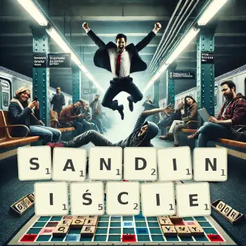 Kreatywna ilustracja do gry w Scrabble ze słowem SANDINIŚCIE ułożonym z płytek na planszy.