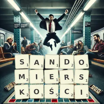 Kreatywna ilustracja do gry w Scrabble ze słowem SANDOMIERSKOŚCI ułożonym z płytek na planszy.