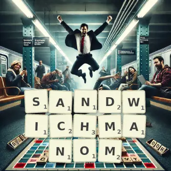 Kreatywna ilustracja do gry w Scrabble ze słowem SANDWICHMANOM ułożonym z płytek na planszy.