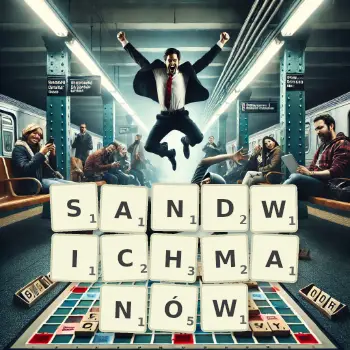 Kreatywna ilustracja do gry w Scrabble ze słowem SANDWICHMANÓW ułożonym z płytek na planszy.