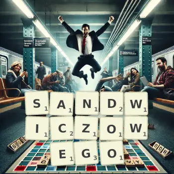 Kreatywna ilustracja do gry w Scrabble ze słowem SANDWICZOWEGO ułożonym z płytek na planszy.