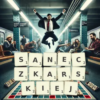 Kreatywna ilustracja do gry w Scrabble ze słowem SANECZKARSKIEJ ułożonym z płytek na planszy.