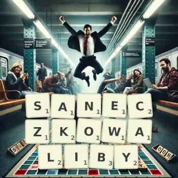 Kreatywna ilustracja do gry w Scrabble ze słowem SANECZKOWALIBY ułożonym z płytek na planszy.