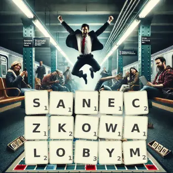 Kreatywna ilustracja do gry w Scrabble ze słowem SANECZKOWALOBYM ułożonym z płytek na planszy.