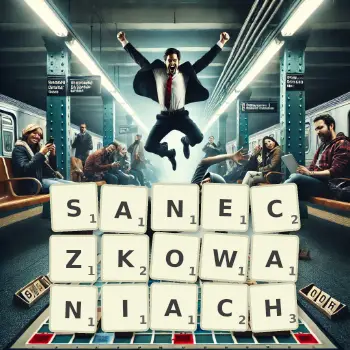Kreatywna ilustracja do gry w Scrabble ze słowem SANECZKOWANIACH ułożonym z płytek na planszy.