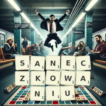 Kreatywna ilustracja do gry w Scrabble ze słowem SANECZKOWANIU ułożonym z płytek na planszy.