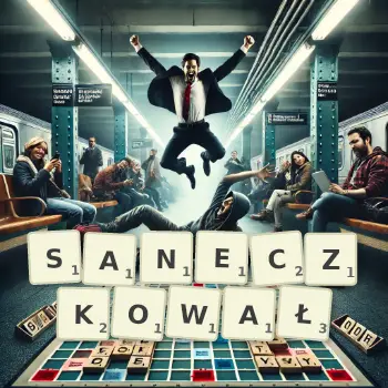 Kreatywna ilustracja do gry w Scrabble ze słowem SANECZKOWAŁ ułożonym z płytek na planszy.