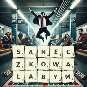 Kreatywna ilustracja do gry w Scrabble ze słowem SANECZKOWAŁABYM ułożonym z płytek na planszy.