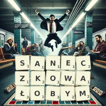 Kreatywna ilustracja do gry w Scrabble ze słowem SANECZKOWAŁOBYM ułożonym z płytek na planszy.