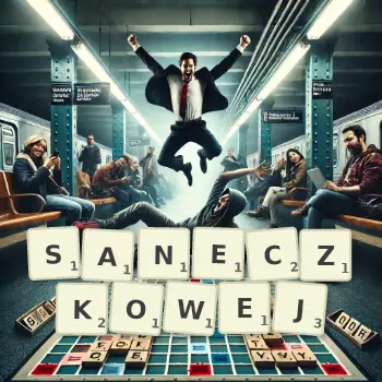 Kreatywna ilustracja do gry w Scrabble ze słowem SANECZKOWEJ ułożonym z płytek na planszy.