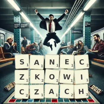 Kreatywna ilustracja do gry w Scrabble ze słowem SANECZKOWICZACH ułożonym z płytek na planszy.