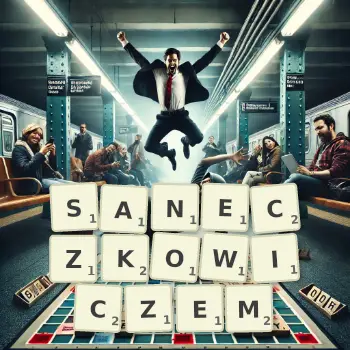 Kreatywna ilustracja do gry w Scrabble ze słowem SANECZKOWICZEM ułożonym z płytek na planszy.