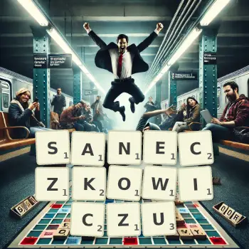 Kreatywna ilustracja do gry w Scrabble ze słowem SANECZKOWICZU ułożonym z płytek na planszy.