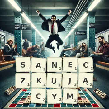 Kreatywna ilustracja do gry w Scrabble ze słowem SANECZKUJĄCYM ułożonym z płytek na planszy.