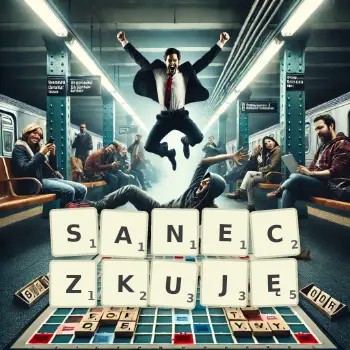 Kreatywna ilustracja do gry w Scrabble ze słowem SANECZKUJĘ ułożonym z płytek na planszy.