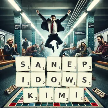 Kreatywna ilustracja do gry w Scrabble ze słowem SANEPIDOWSKIMI ułożonym z płytek na planszy.