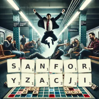 Kreatywna ilustracja do gry w Scrabble ze słowem SANFORYZACJI ułożonym z płytek na planszy.