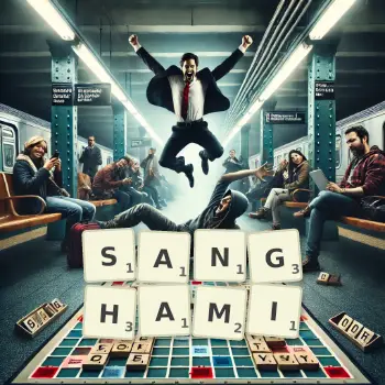 Kreatywna ilustracja do gry w Scrabble ze słowem SANGHAMI ułożonym z płytek na planszy.