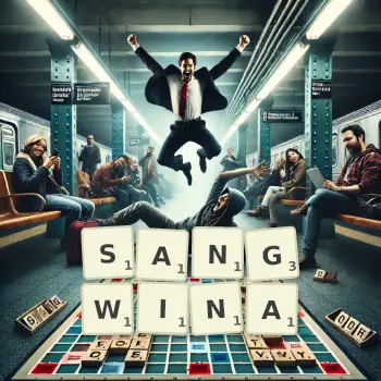 Kreatywna ilustracja do gry w Scrabble ze słowem SANGWINA ułożonym z płytek na planszy.