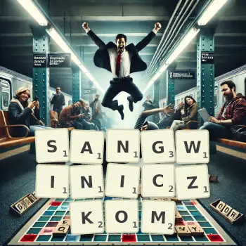 Kreatywna ilustracja do gry w Scrabble ze słowem SANGWINICZKOM ułożonym z płytek na planszy.