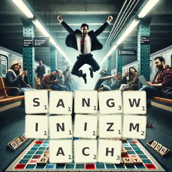 Kreatywna ilustracja do gry w Scrabble ze słowem SANGWINIZMACH ułożonym z płytek na planszy.