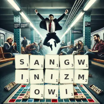 Kreatywna ilustracja do gry w Scrabble ze słowem SANGWINIZMOWI ułożonym z płytek na planszy.