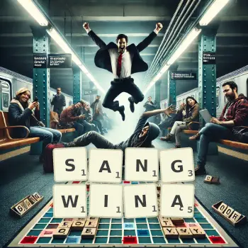 Kreatywna ilustracja do gry w Scrabble ze słowem SANGWINĄ ułożonym z płytek na planszy.