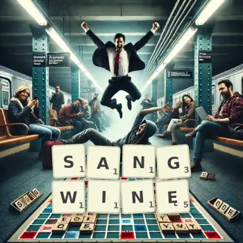 Kreatywna ilustracja do gry w Scrabble ze słowem SANGWINĘ ułożonym z płytek na planszy.