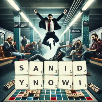 Kreatywna ilustracja do gry w Scrabble ze słowem SANIDYNOWI ułożonym z płytek na planszy.