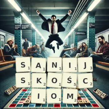 Kreatywna ilustracja do gry w Scrabble ze słowem SANIJSKOŚCIOM ułożonym z płytek na planszy.