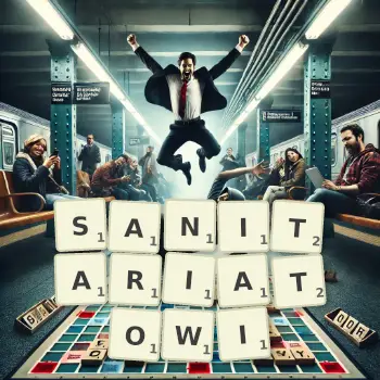 Kreatywna ilustracja do gry w Scrabble ze słowem SANITARIATOWI ułożonym z płytek na planszy.