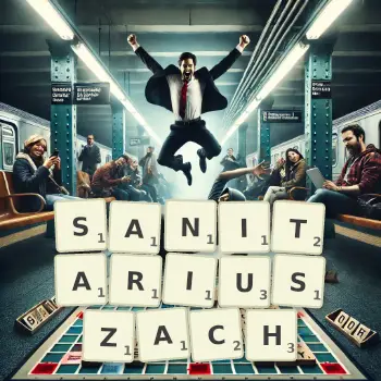 Kreatywna ilustracja do gry w Scrabble ze słowem SANITARIUSZACH ułożonym z płytek na planszy.