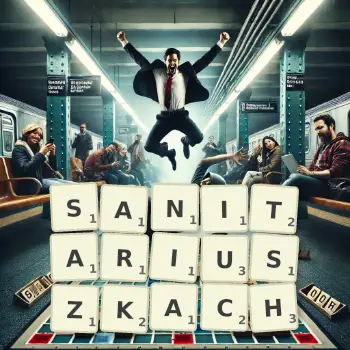 Kreatywna ilustracja do gry w Scrabble ze słowem SANITARIUSZKACH ułożonym z płytek na planszy.