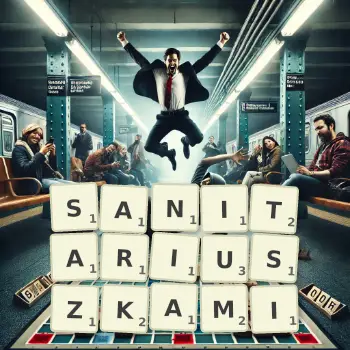 Kreatywna ilustracja do gry w Scrabble ze słowem SANITARIUSZKAMI ułożonym z płytek na planszy.