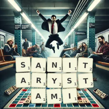 Kreatywna ilustracja do gry w Scrabble ze słowem SANITARYSTAMI ułożonym z płytek na planszy.