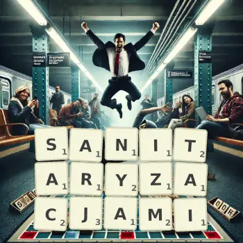 Kreatywna ilustracja do gry w Scrabble ze słowem SANITARYZACJAMI ułożonym z płytek na planszy.