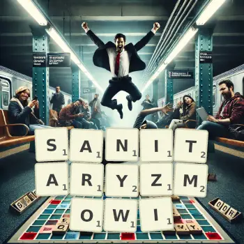 Kreatywna ilustracja do gry w Scrabble ze słowem SANITARYZMOWI ułożonym z płytek na planszy.