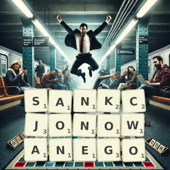 Kreatywna ilustracja do gry w Scrabble ze słowem SANKCJONOWANEGO ułożonym z płytek na planszy.