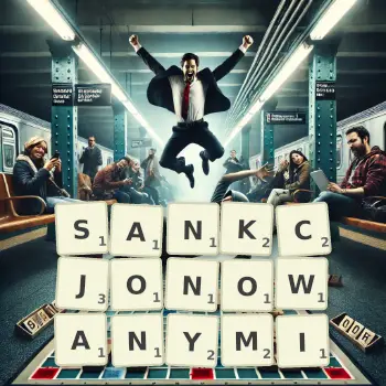 Kreatywna ilustracja do gry w Scrabble ze słowem SANKCJONOWANYMI ułożonym z płytek na planszy.