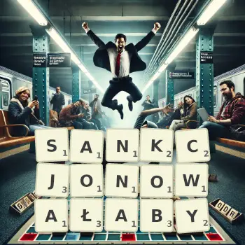 Kreatywna ilustracja do gry w Scrabble ze słowem SANKCJONOWAŁABY ułożonym z płytek na planszy.