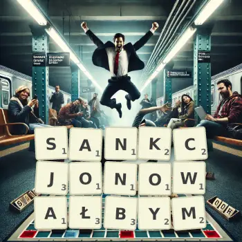 Kreatywna ilustracja do gry w Scrabble ze słowem SANKCJONOWAŁBYM ułożonym z płytek na planszy.