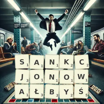 Kreatywna ilustracja do gry w Scrabble ze słowem SANKCJONOWAŁBYŚ ułożonym z płytek na planszy.